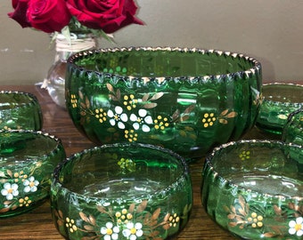 7 Pc Beautiful Vintage Emerald Green Bohemian Glass Bowls Set • Hand Painted Raised Floral