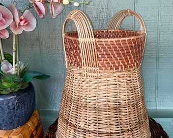 Vintage Tall Hand Woven Wicker Basket with Handles • Brown / Tan / White