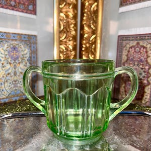 Antique Colonial Green Uranium Vaseline Depression Pressed Glass Open Sugar Bowl by Anchor Hocking