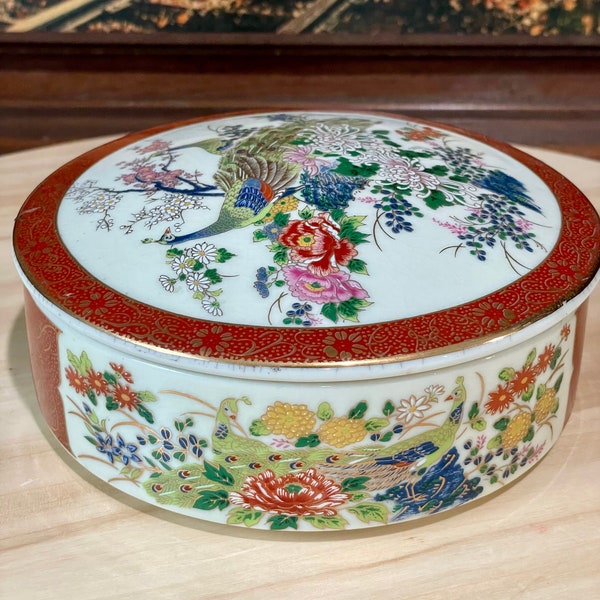 Vintage Floral Peacocks & Peonies Gold Trimmed Red | Satsuma Chinese Round Trinket Box