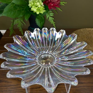 Grand bol en verre fédéral irisé vintage | Celestial Starburst, bol de service en verre festonné | Verre de carnaval transparent holographique