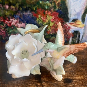 Vintage Hummingbird Porcelain Magnolia Floral Taper Candlestick Holder Decor