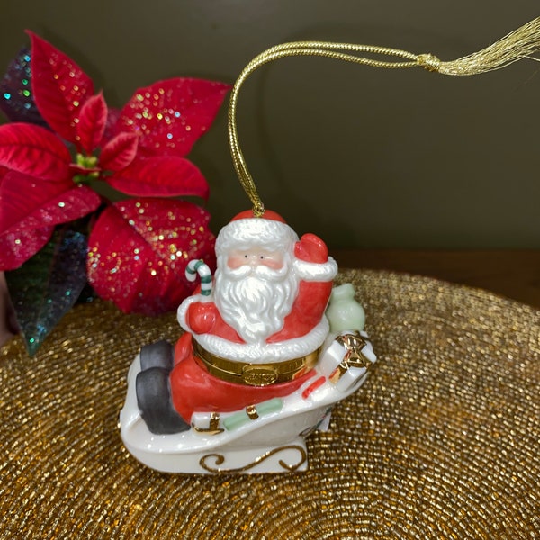 Vintage Lenox Santa Sleigh Trinket Box Christmas Ornament Treasure Collection | Gold Silver Trim Accents