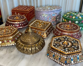 Decorative Hand Painted Embellished Ornate Jewelry Trinket Boxes • Mirror work • Made in India