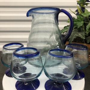 Vintage Cobalt Blue Hand Blown Accent Glass Recycled Pitcher and 4 Goblet Glasses Set • Brandy Sniffers • Artisan Crafted • Mexico
