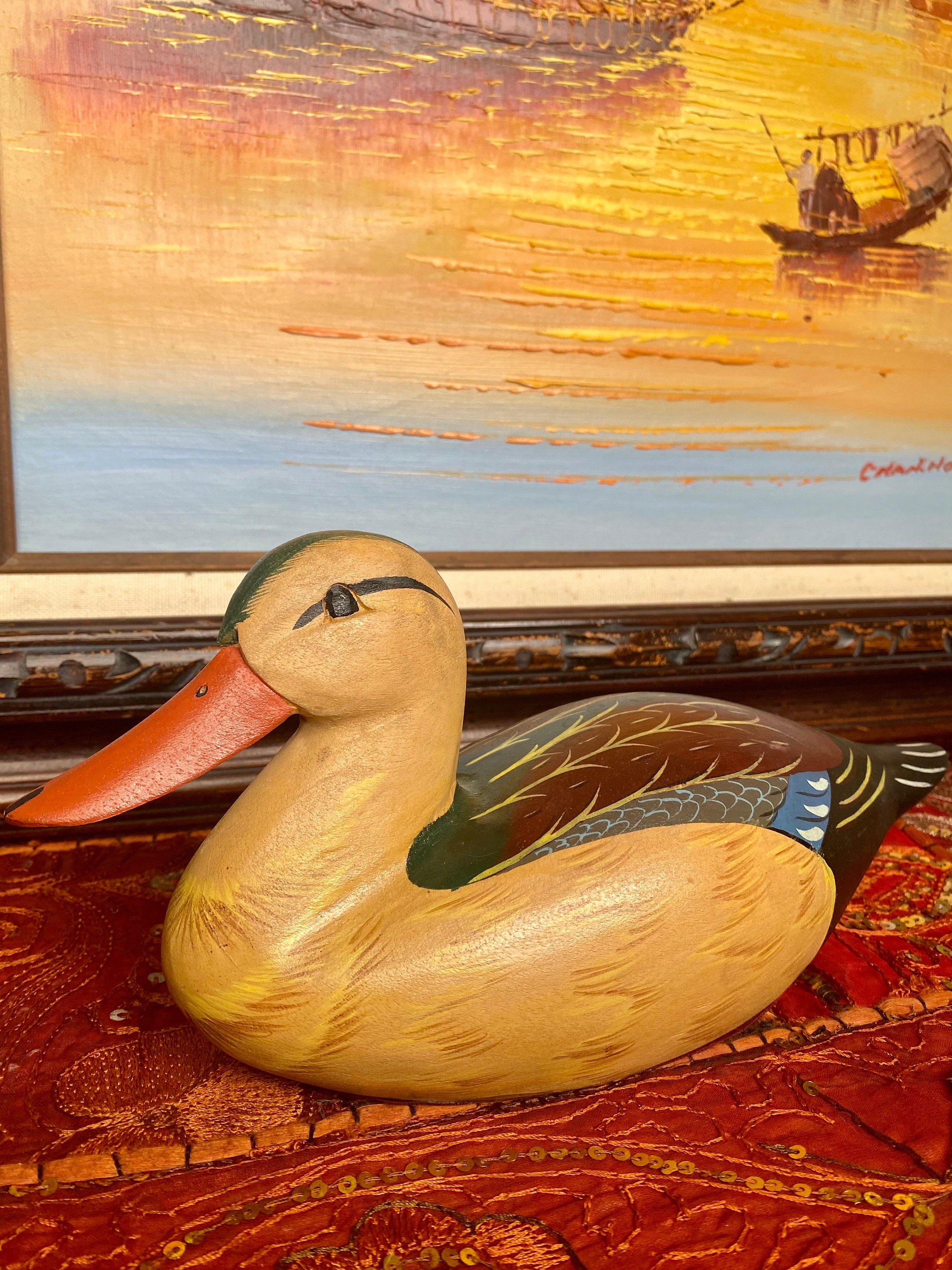 Canard En Bois Sculpté à La Main Vintage - Daté 1981, Domaine Haines - Leurre Ou Décoration Boiserie