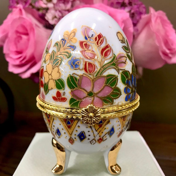 Vintage Faberge Style Handpainted Porcelain Egg Style Gold Gilded Trinket Box Decor