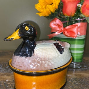 soupière à pâté en céramique vintage de canard colvert du Portugal | Corbeille décorative en forme de canard avec couvercle pour cuisine | Secla Portugal