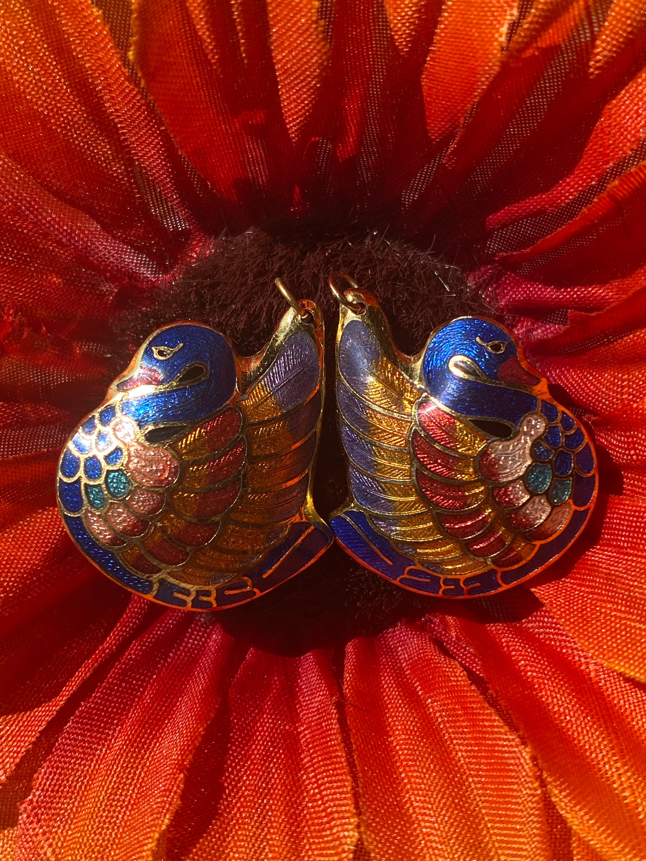 Vintage Cloisonne Swan Puff Pendant Multicolor