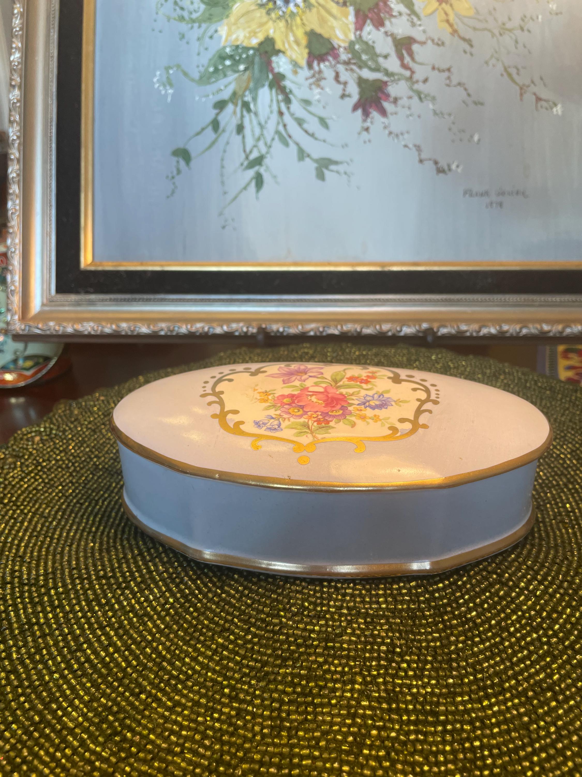 Vintage Limoges Porcelain Floral Trinket Box | Light Blue, Oval