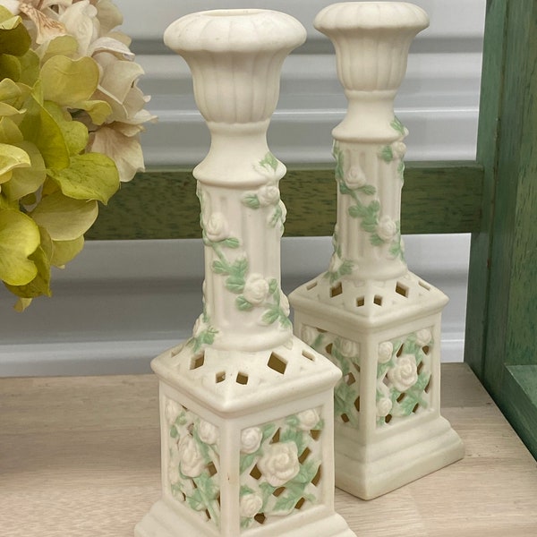 Vintage Bisque Rose Entwined Hand Painted Porcelain Candle & Tea Light Holders