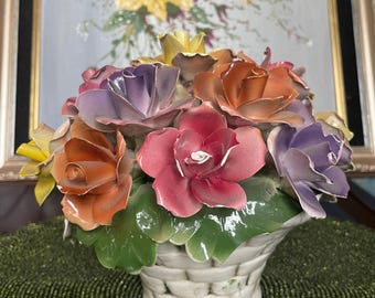 Vintage Large Capodimonte White Floral Basket Porcelain Sculpture