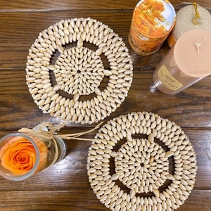 Vintage Coastal Nautical Philippine Cowrie and Conch Sea Shell Doilies. Handmade Trivets Placemats.