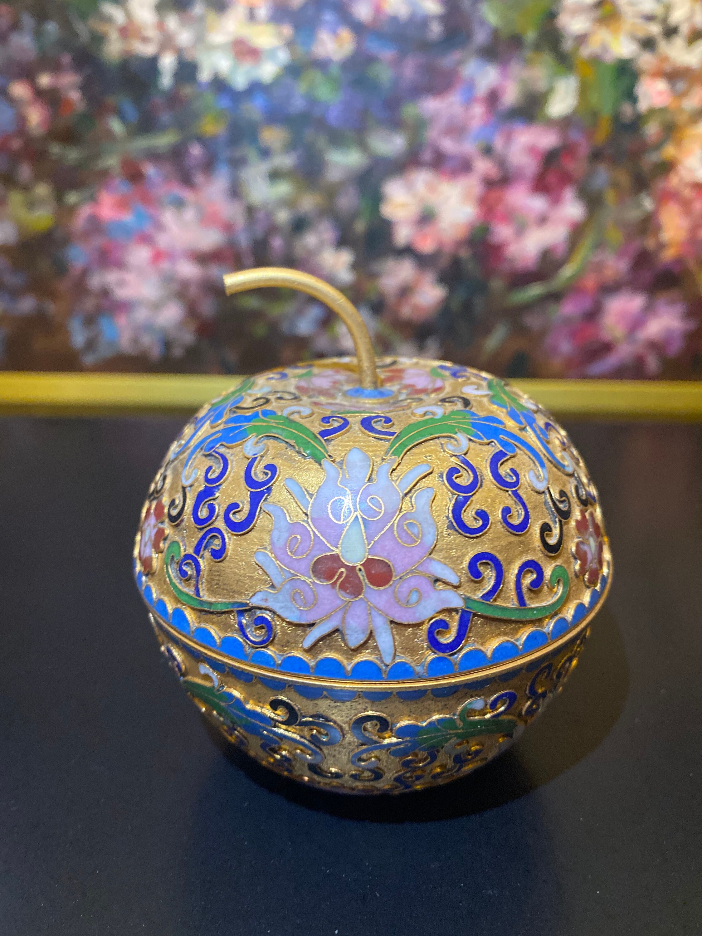 Vintage Chinese Cloisonné Brass Lotus Floral Motif Trinket Box