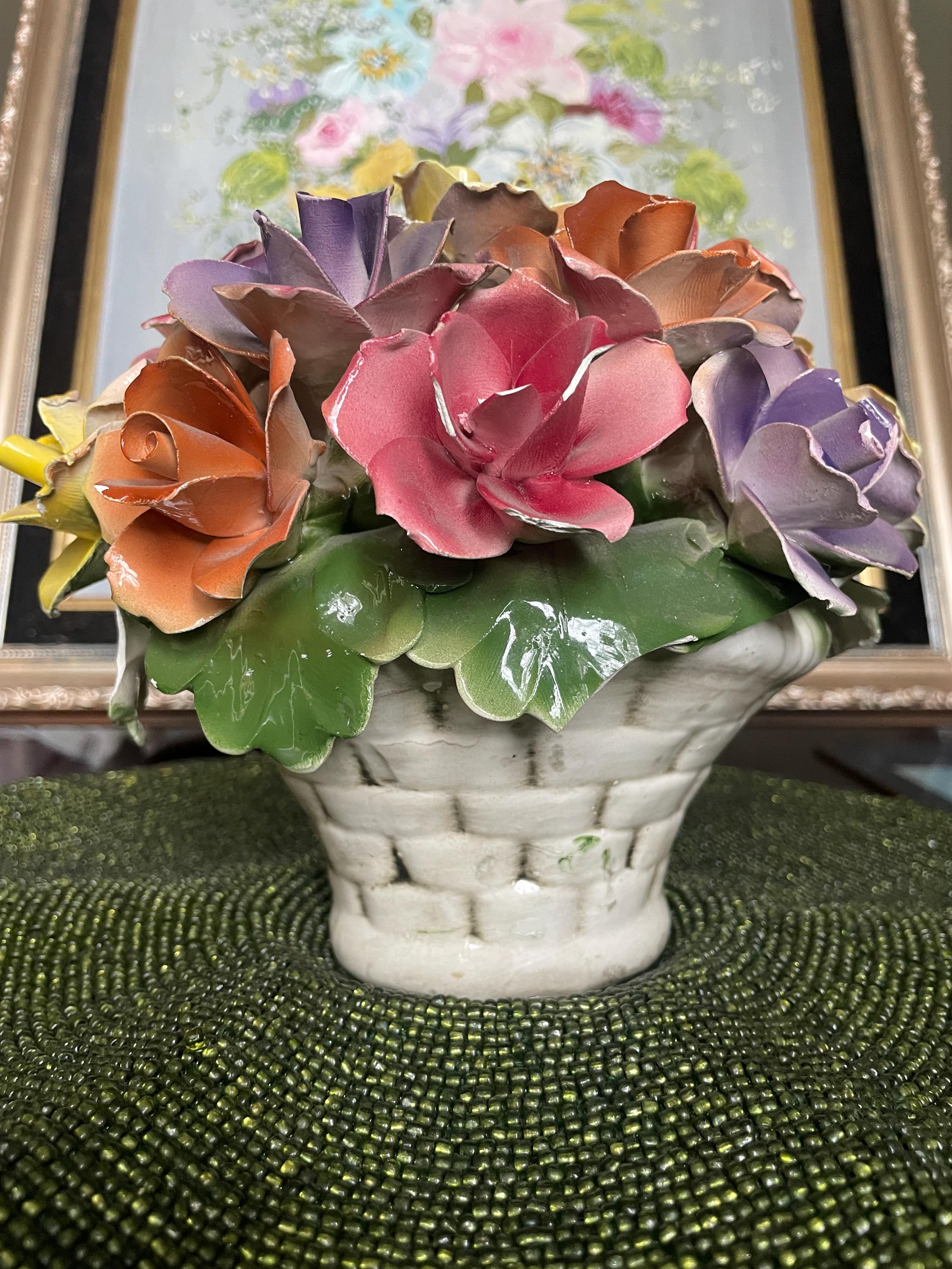 Vintage Large Capodimonte White Floral Basket Porcelain Sculpture