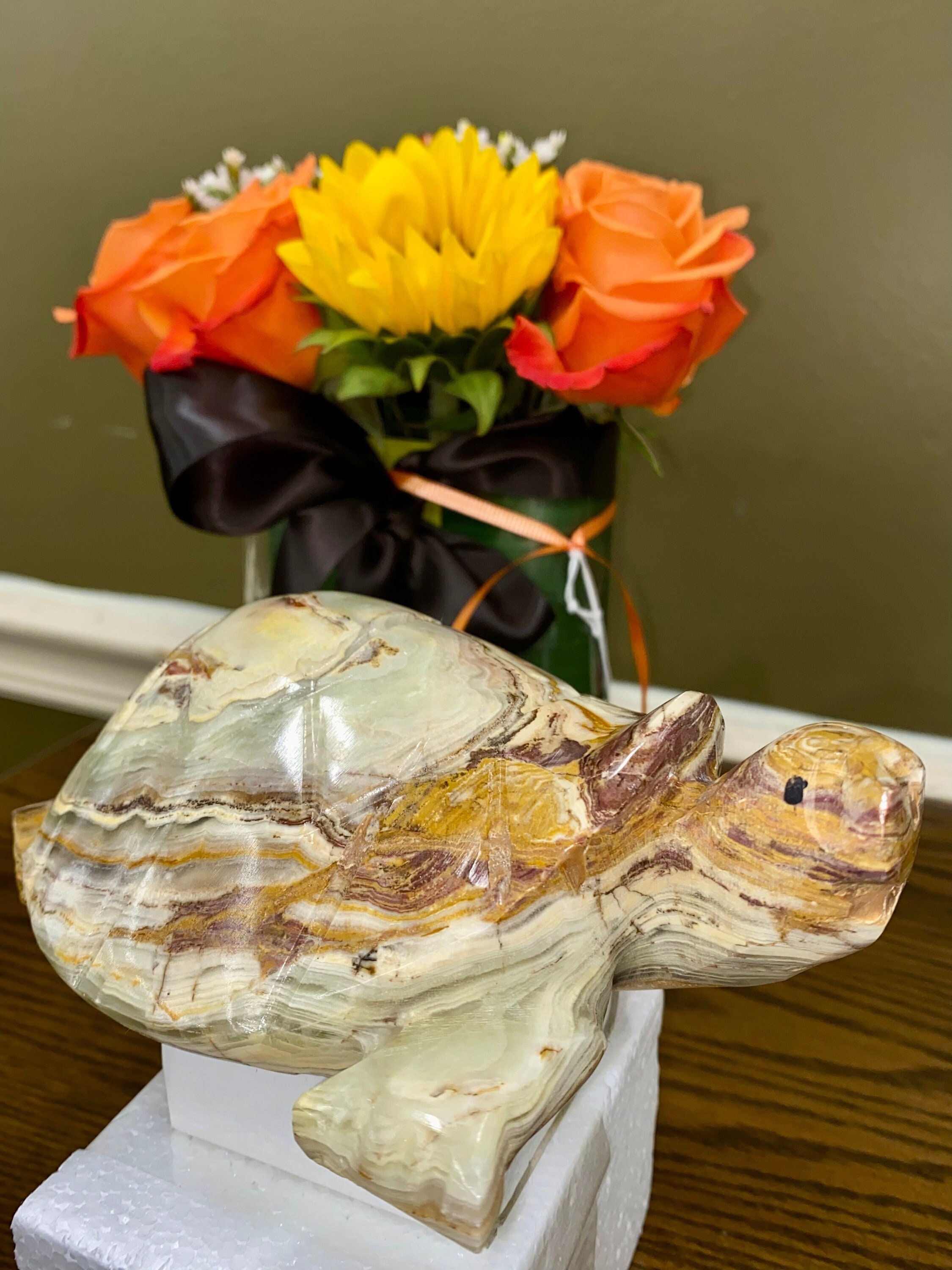 Large Pakistan Onyx Turtle Tortoise | Banded Green Calcite Hand