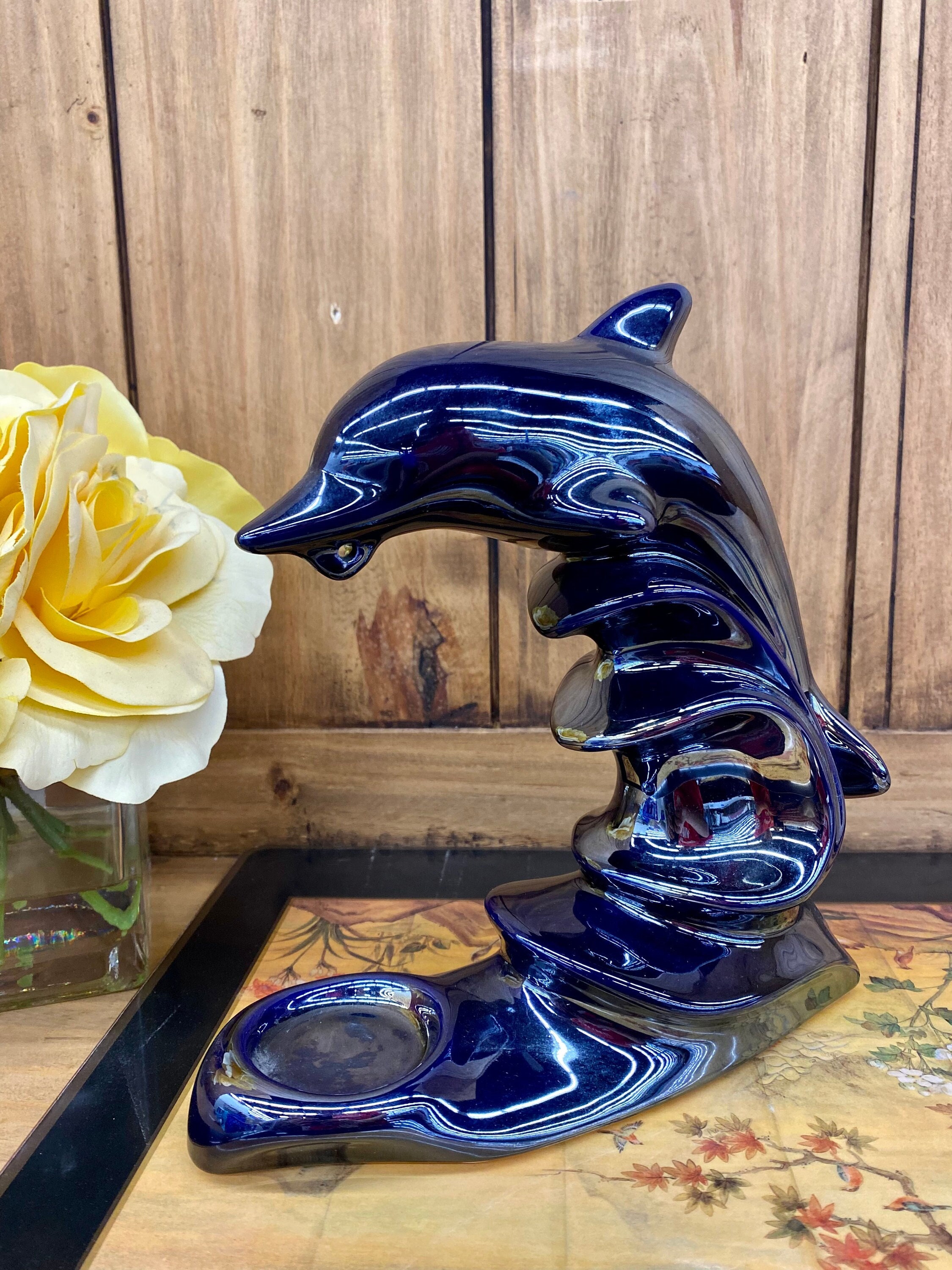Vtg Marex Cobalt Iridescent Blue Dolphin Sculpture Tea Light