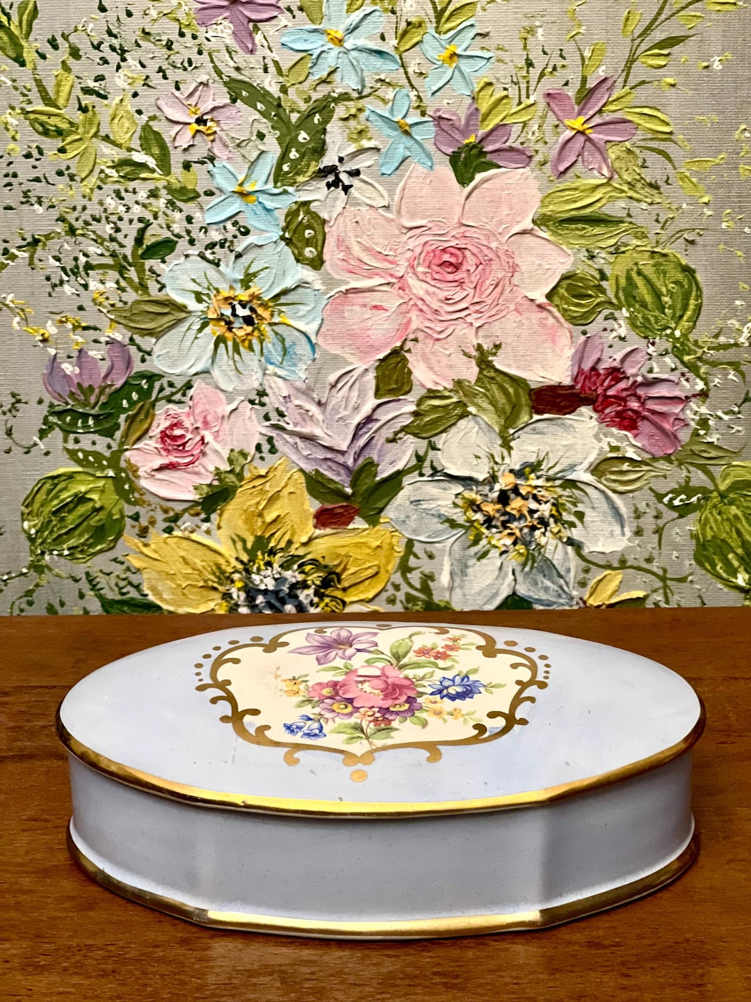Vintage Limoges Porcelain Floral Trinket Box | Light Blue, Oval
