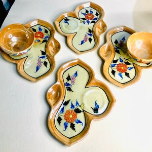 Vintage Peach Gold Luster Ware Snack Plates and Cups w/ Flowers Japan Clover Shape