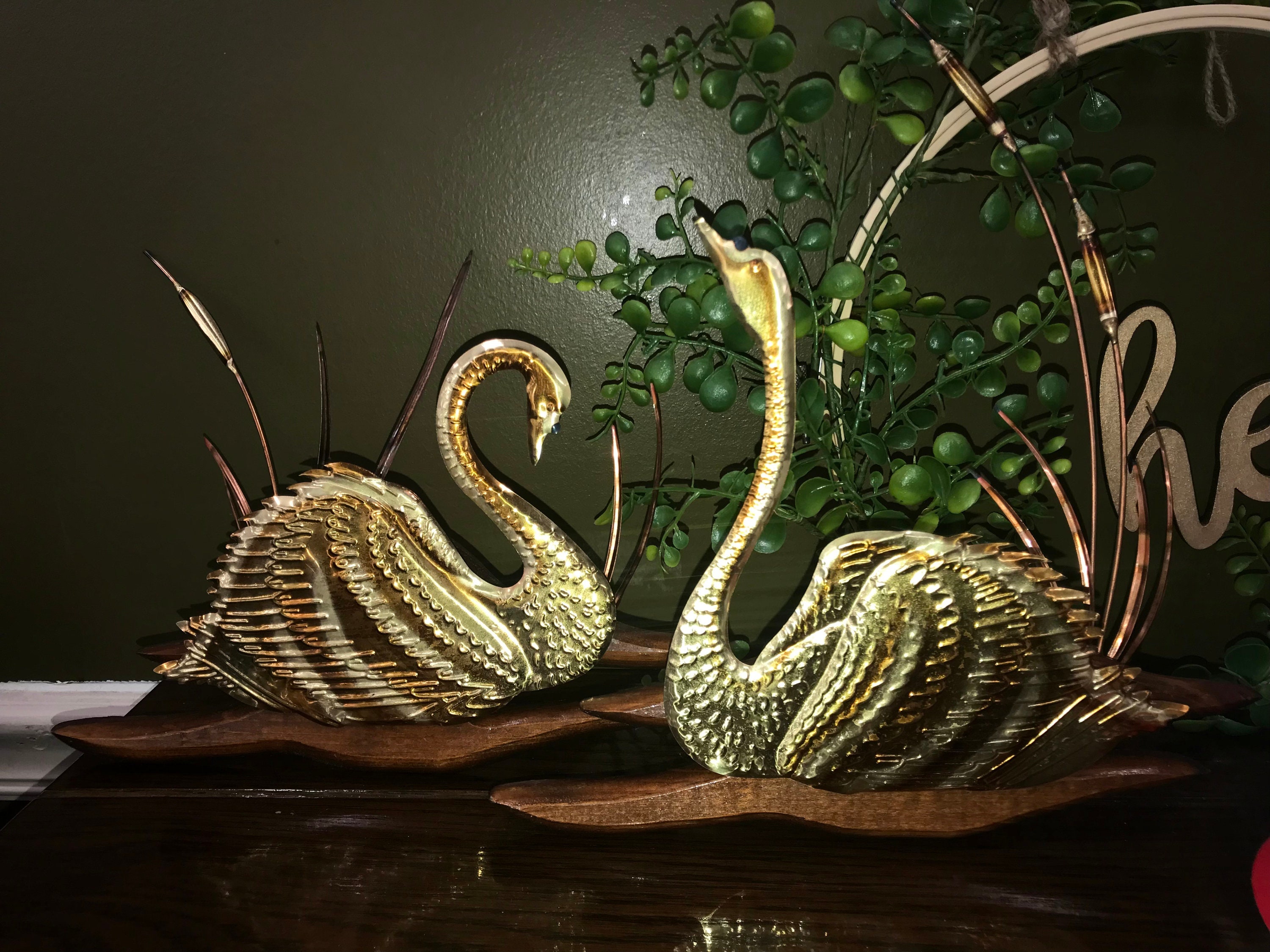 Vintage MCM Swan Wall Hangings Decor | Gold Toned Tin Swan and