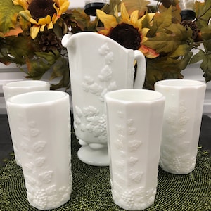 Vintage Westmoreland Pitcher and Glasses Grape Pattern Drinkware Set | Mid-Century