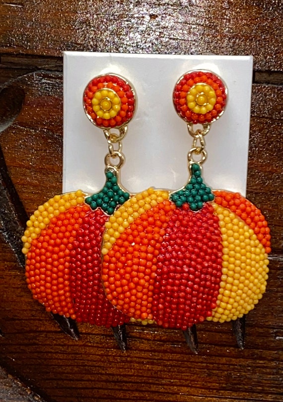 Vintage Beaded Pumpkin Fall Harvest Earrings