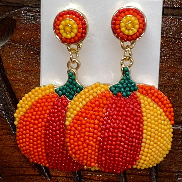 Vintage Beaded Pumpkin Fall Harvest Earrings