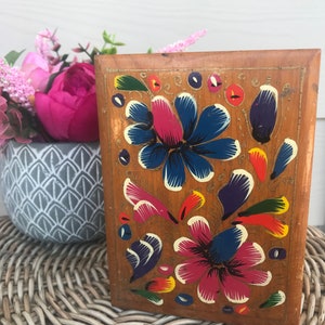 Vintage Hand painted Floral Wooden Box with Hinged Lid | Multicolor Trinket Box