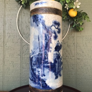 Antique Chinese Delft Blue and White Umbrella Stand Crackle Glazed Ceramic Floor Vase Jar Jug Urn Signed