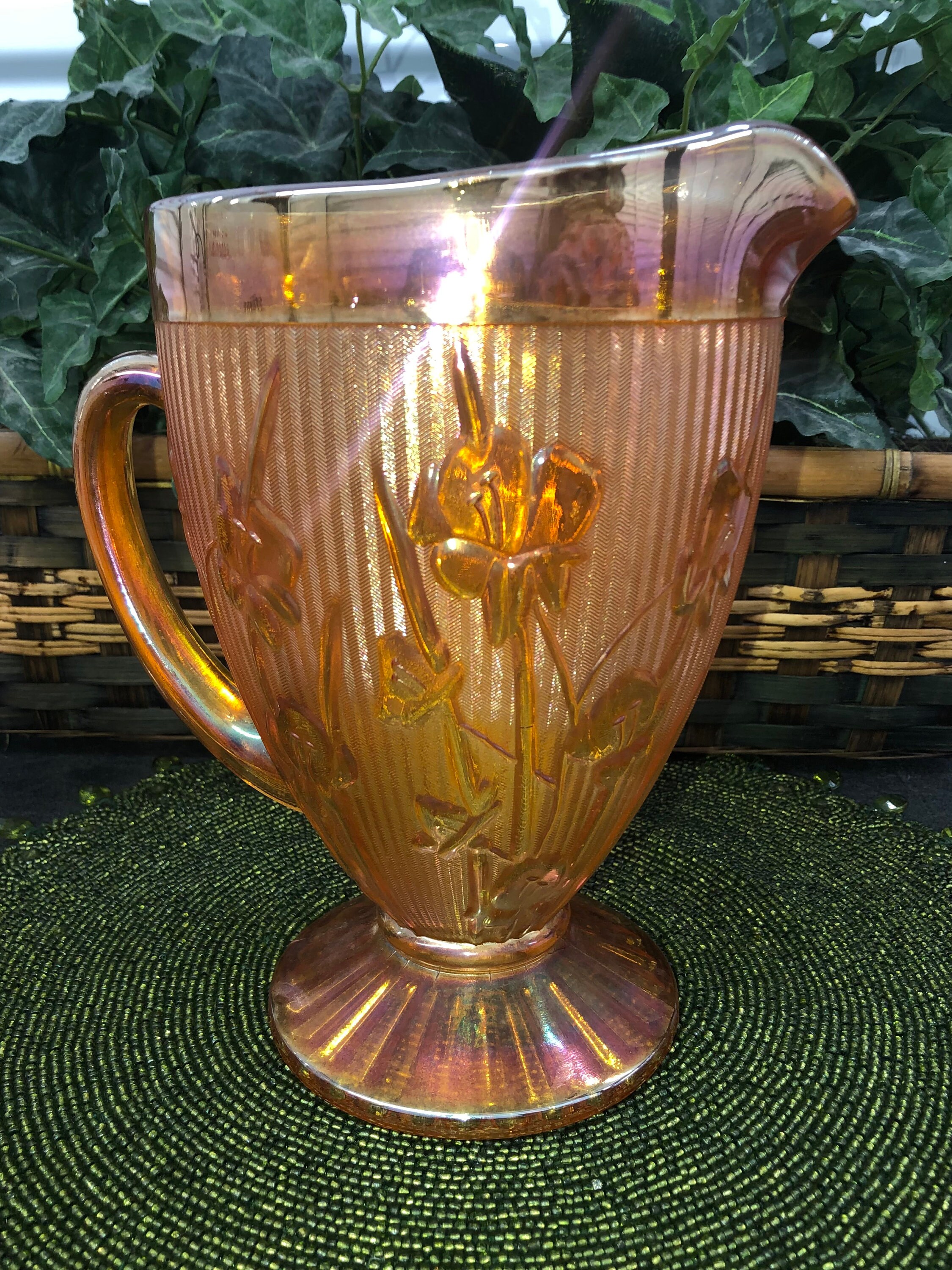 Rare Iris & Herringbone Peach Marigold Set Carnival Glass Cups and