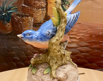 Vintage Andrea by Sadek Blue Bird Music Box Ceramic Figurine