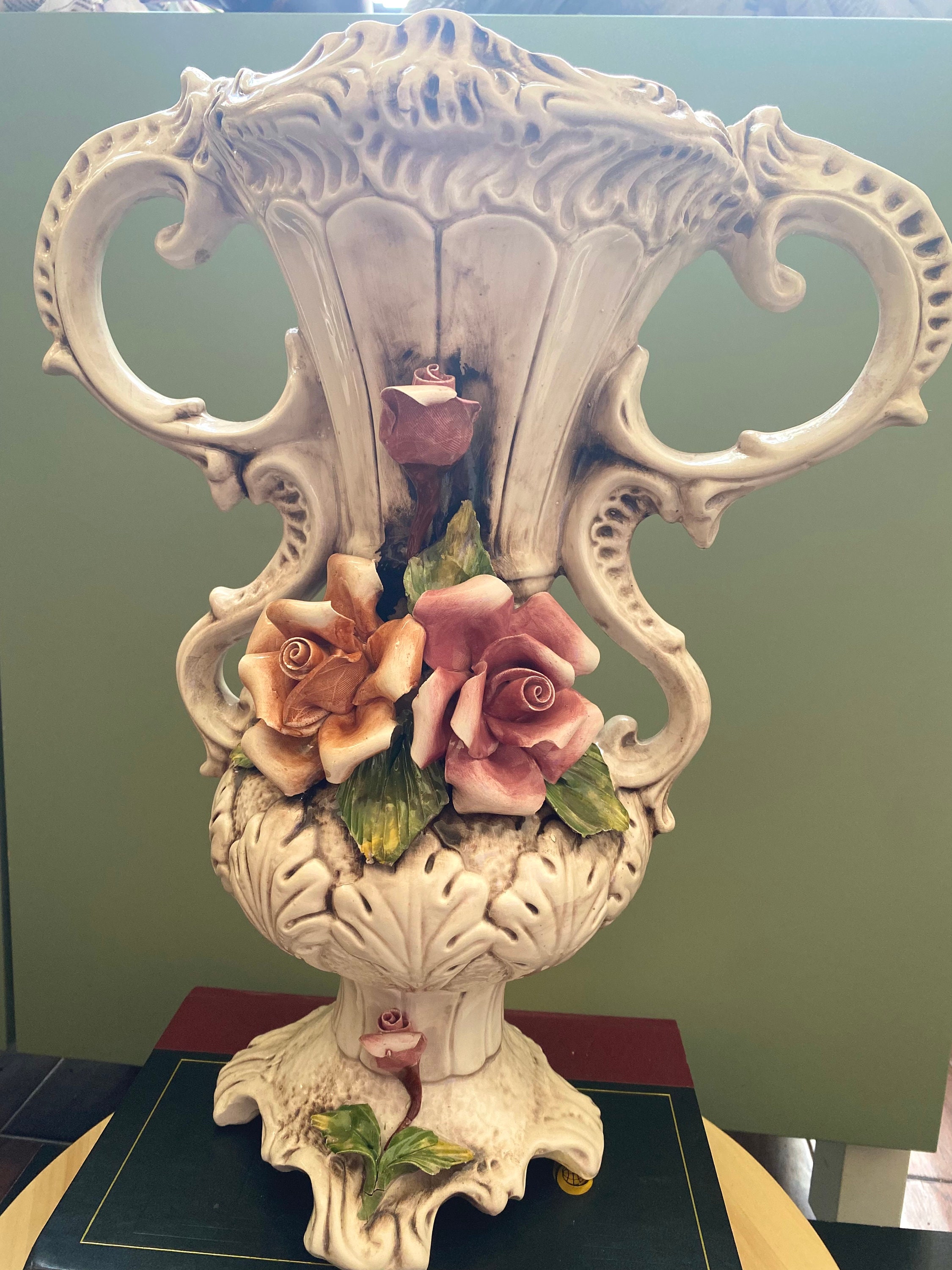 Vintage Capodimonte Large Floral Roses Double Handled Vase - Etsy