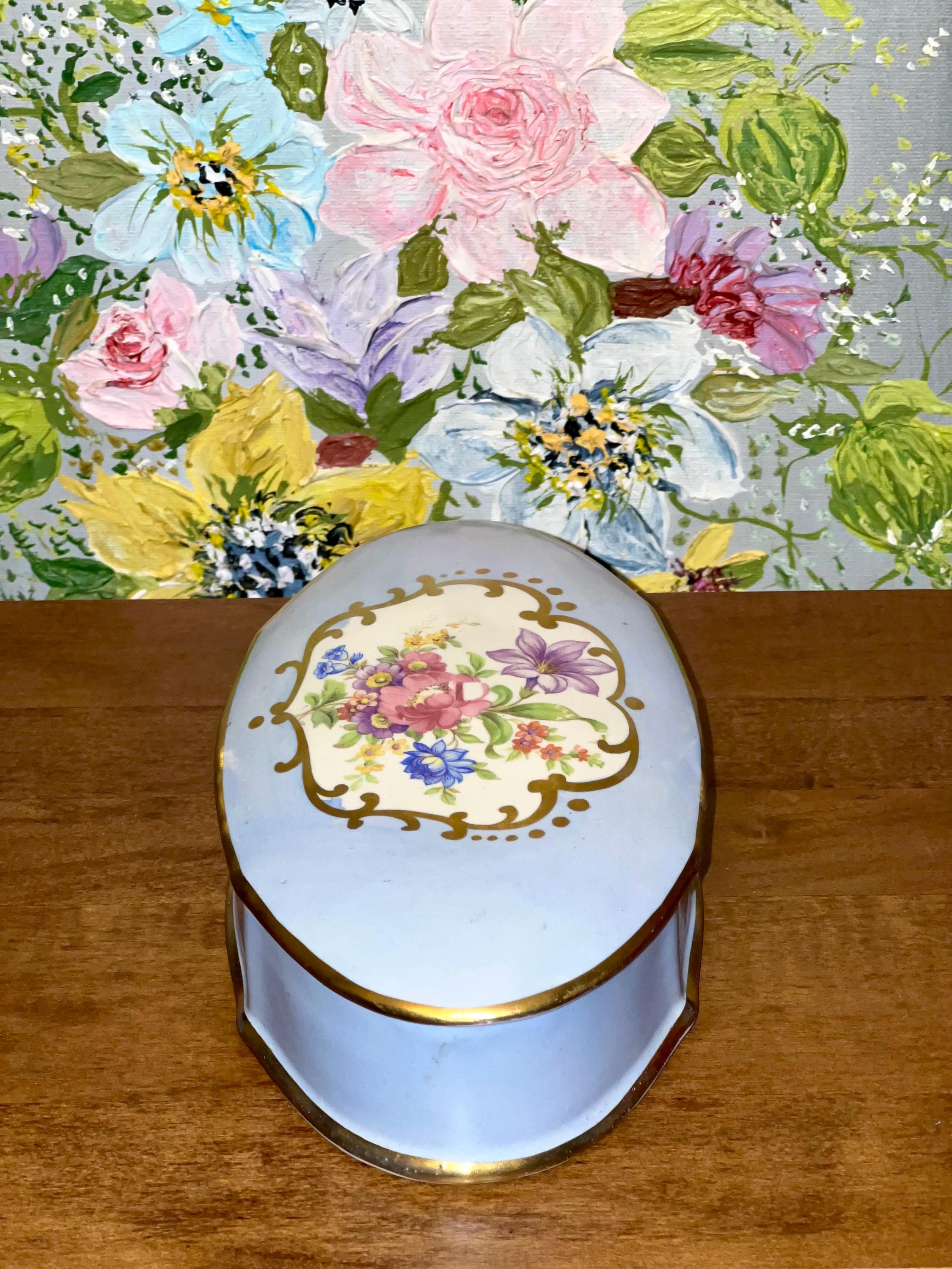 Vintage Limoges Porcelain Floral Trinket Box | Light Blue, Oval