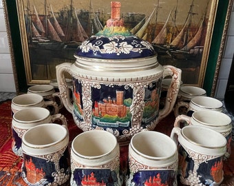 Vintage German Castle Punch Bowl Set • Medieval Goth Stoneware