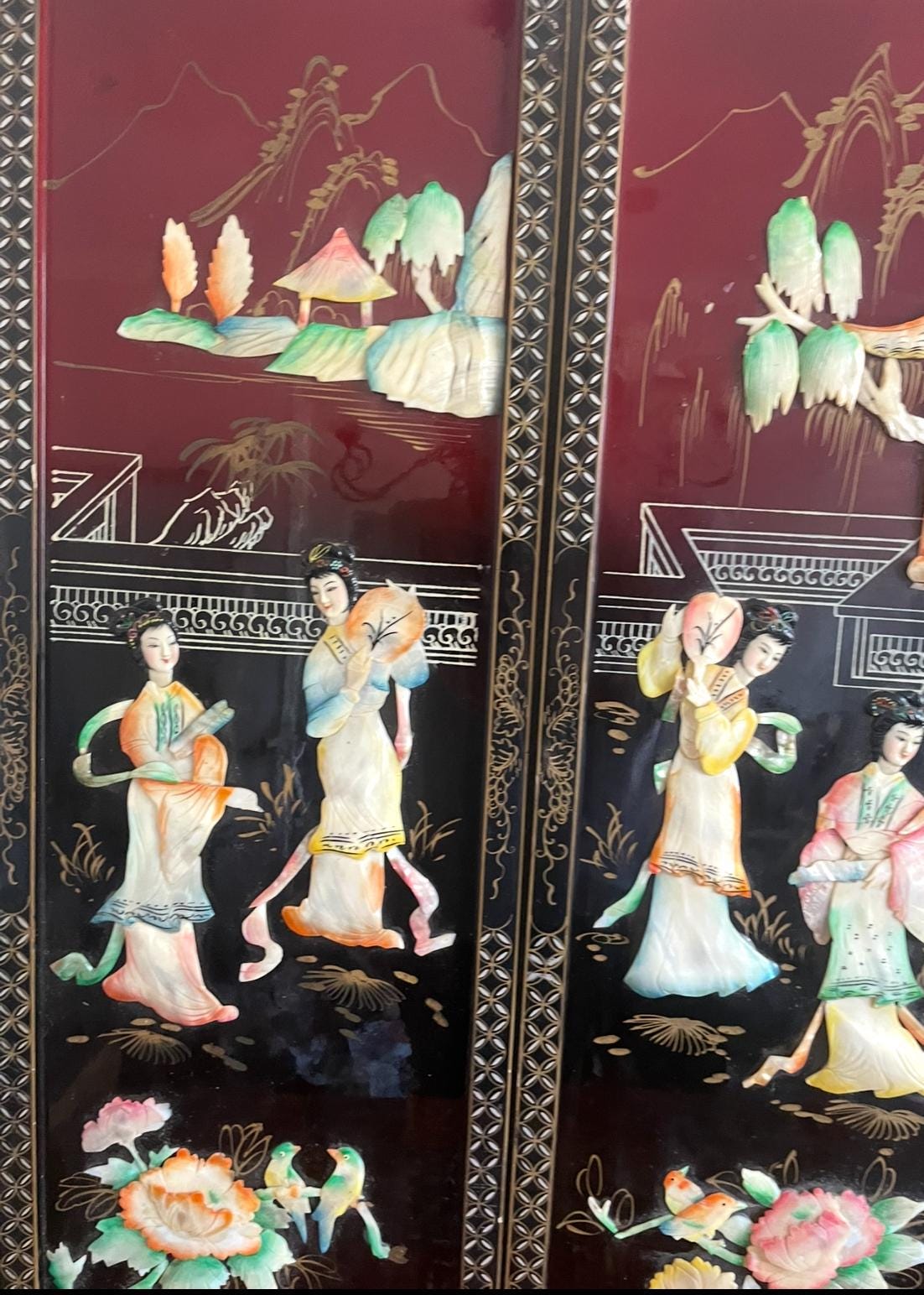 Rare Vintage Oriental Ivory Mother of Pearl Soapstone Inlay Gold