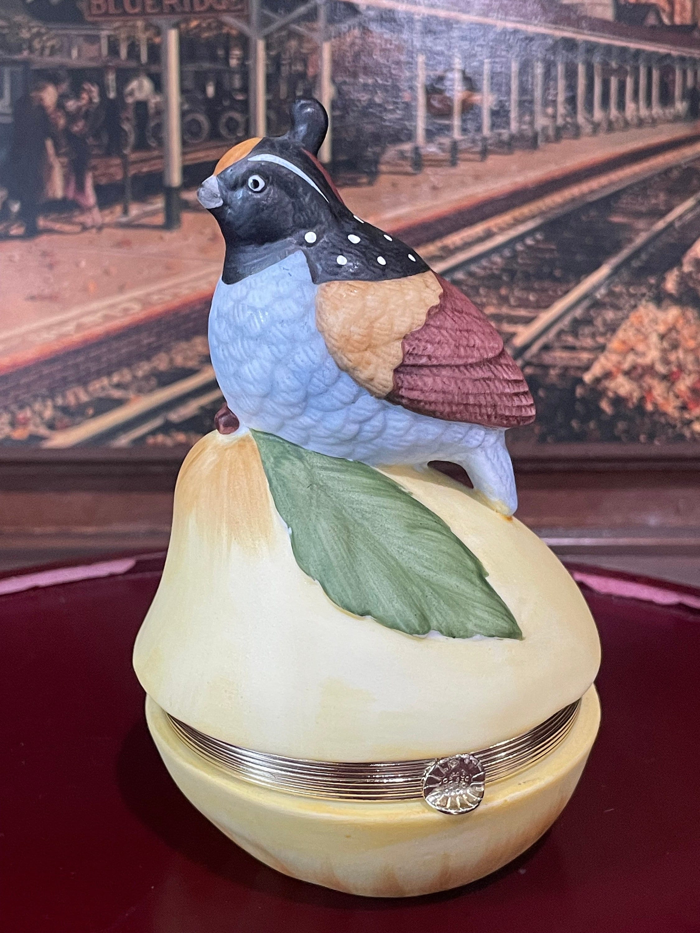 Vintage Porcelain Quail Bird Perched Atop a Pear • Hinged Trinket