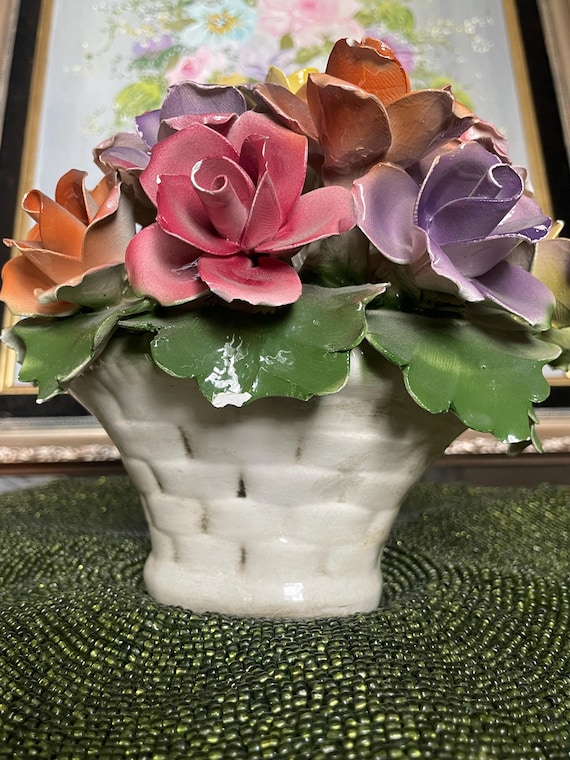 Vintage Large Capodimonte White Floral Basket Porcelain Sculpture