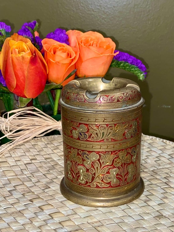 Vintage Brass Cigarette Tobacco Ashtray Holder Etched Floral