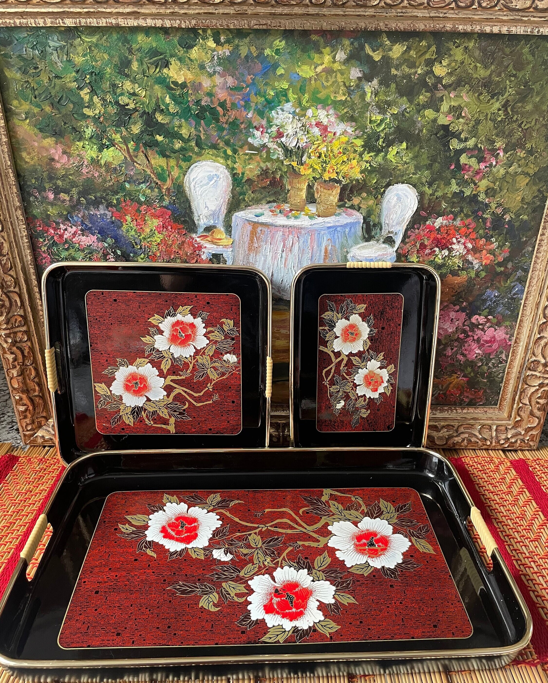 Vintage Mid Century Modern Toyo Japanese Lacquered Black Nesting Trays Set, Asian lacquerware | Asahi, Toyo