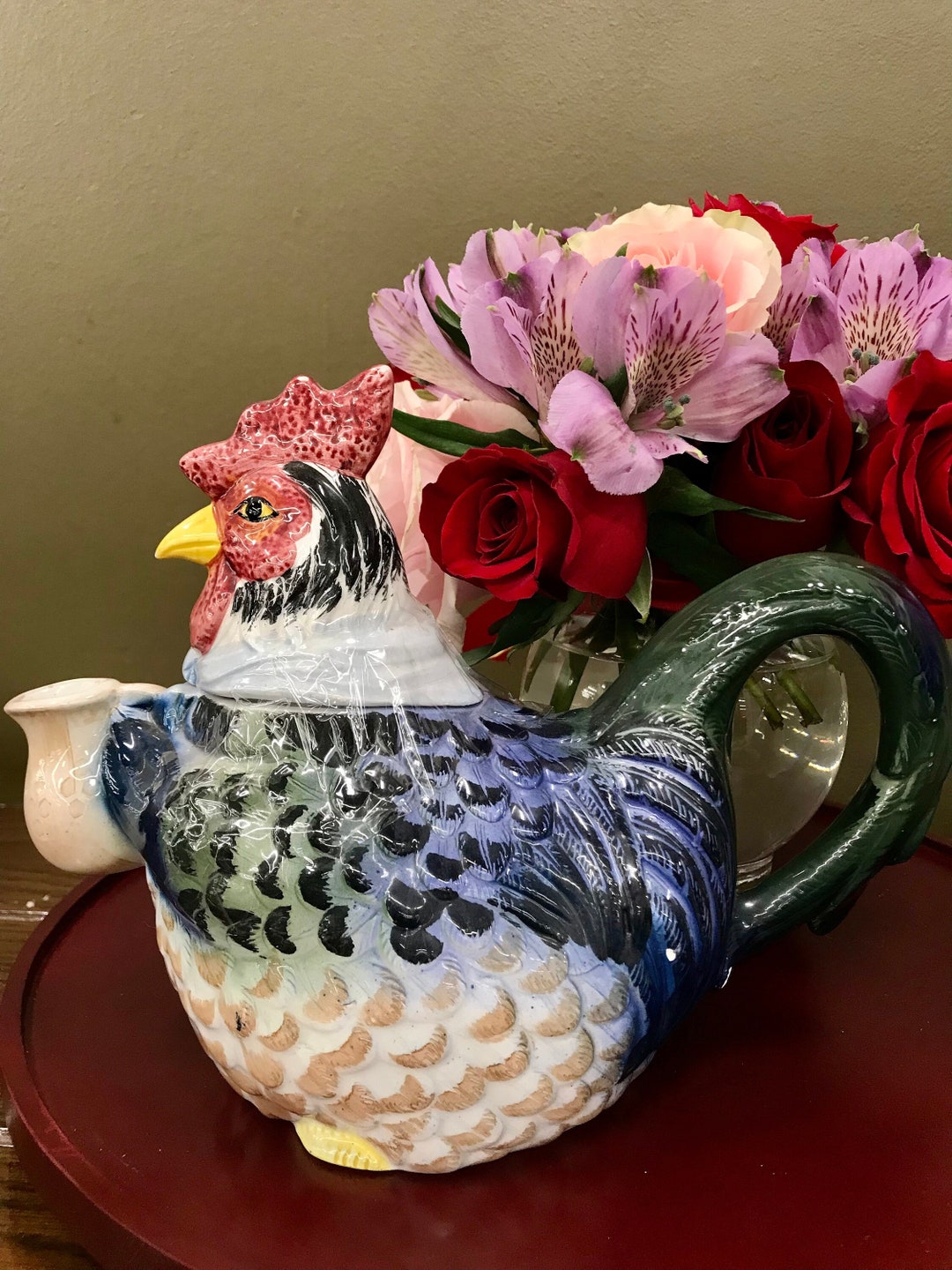 Vintage Rooster Teapot Marshall Pottery Multicolor Ceramic Etsy