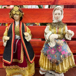 Rare Vintage Trikeri Greek Evelt Themis Porcelain Female Ladies Dolls with Traditional Costume • Folk Art