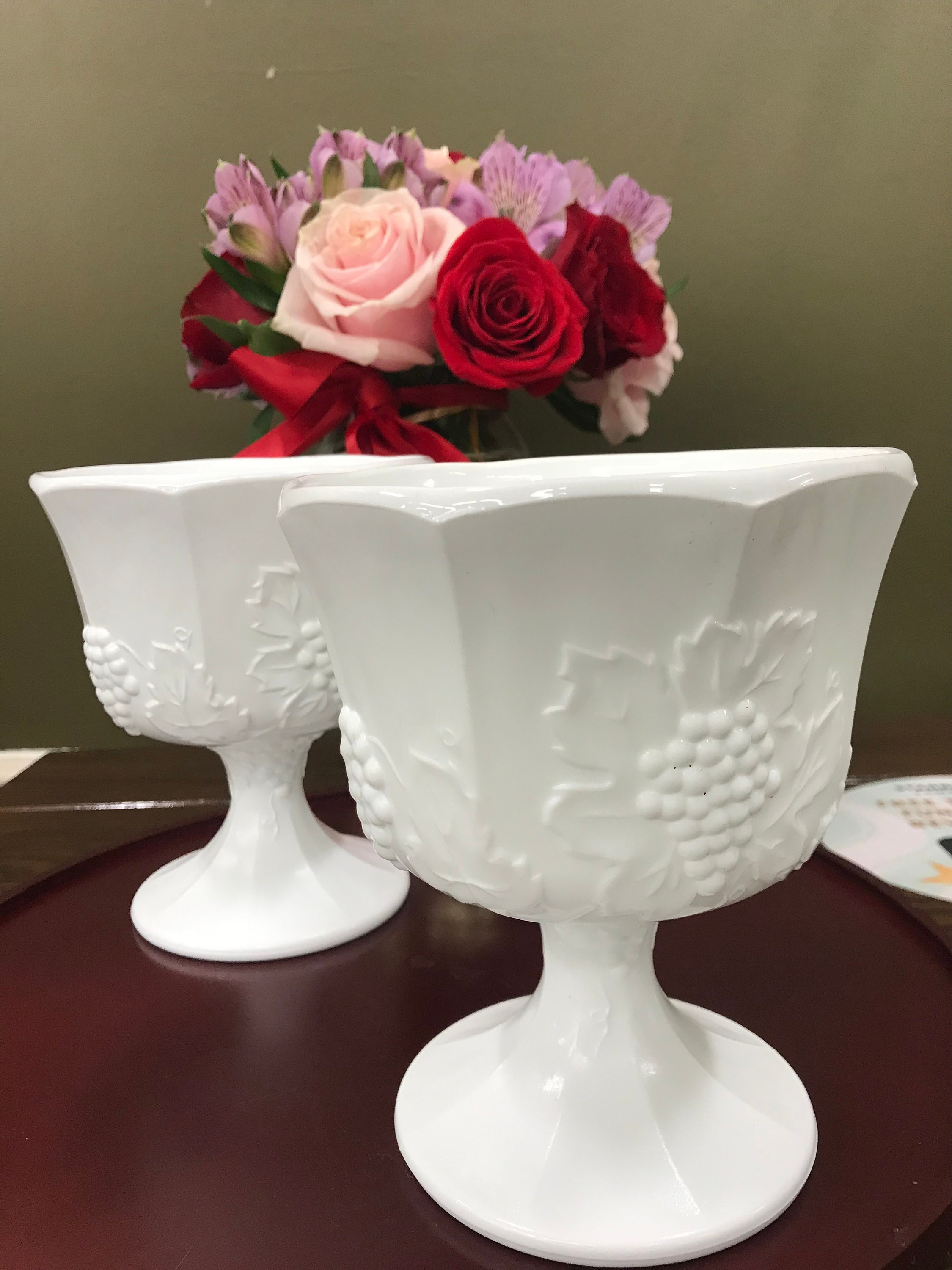Vintage Indiana Milk Glass Paneled Colony Harvest Grapes Compotes Pedestal Vase