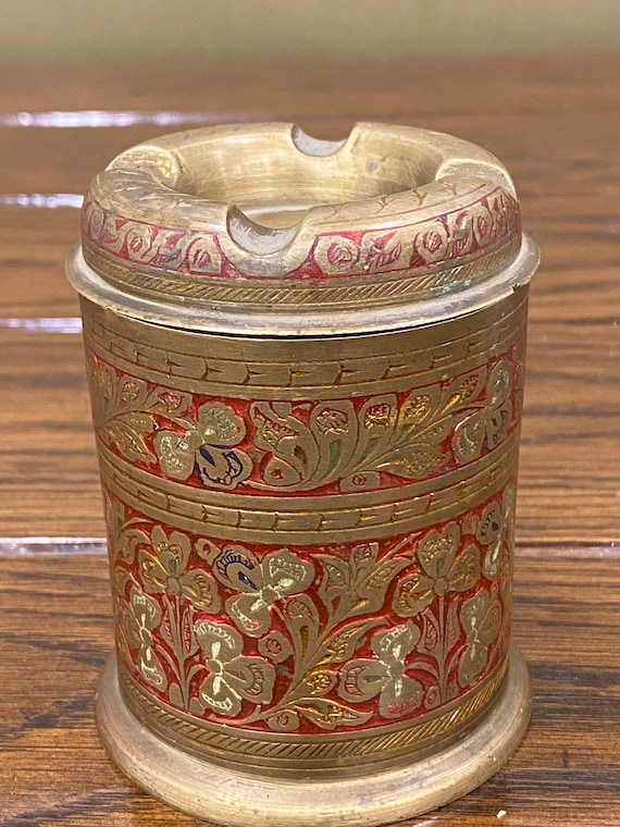 Vintage Brass Cigarette Tobacco Ashtray Holder Etched Floral