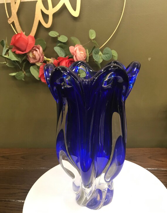 A Pair of English Cobalt Cased Clear Glass Urns A Pair of English Cobalt Cased Clear Glass Urns