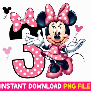 May include: A pink and white polka dot number three with a cartoon image of Minnie Mouse wearing a pink and white polka dot dress and a pink bow. Minnie Mouse is holding out her hands and smiling.