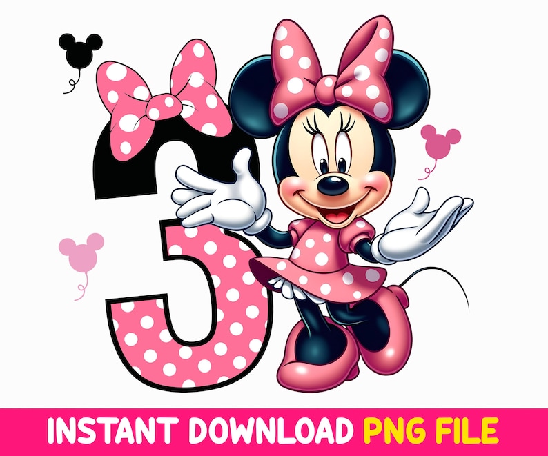 May include: A pink and white polka dot number three with a cartoon image of Minnie Mouse wearing a pink and white polka dot dress and a pink bow. Minnie Mouse is holding out her hands and smiling.