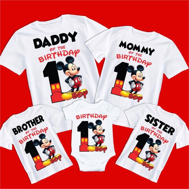 May include: A set of five white t-shirts featuring a cartoon Mickey Mouse character with the text "Daddy of the Birthday", "Mommy of the Birthday", "Brother of the Birthday", "Sister of the Birthday", and "Birthday" on each shirt.