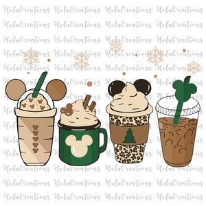 May include: Four cartoon coffee cups with Mickey Mouse ears and other themed designs. The cups are in shades of brown, green, and tan, with whipped cream and other decorative elements. The image has a festive, holiday theme.