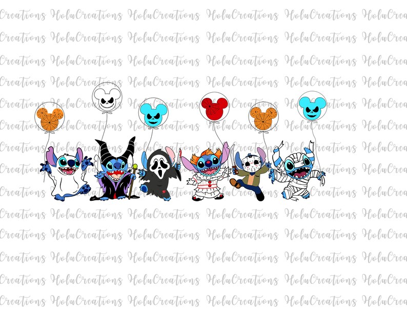 May include: A digital illustration featuring six blue alien characters dressed in various horror-themed costumes, each holding a balloon with a Mickey Mouse-shaped icon. The characters are depicted as a ghost, a dark sorcerer, a masked figure, a clown, a hockey-masked slasher, and a mummy.