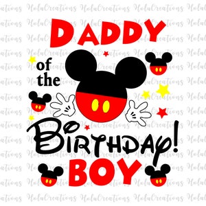 May include: A red, black, and yellow birthday card with a Mickey Mouse head and the text "Daddy of the Birthday Boy".